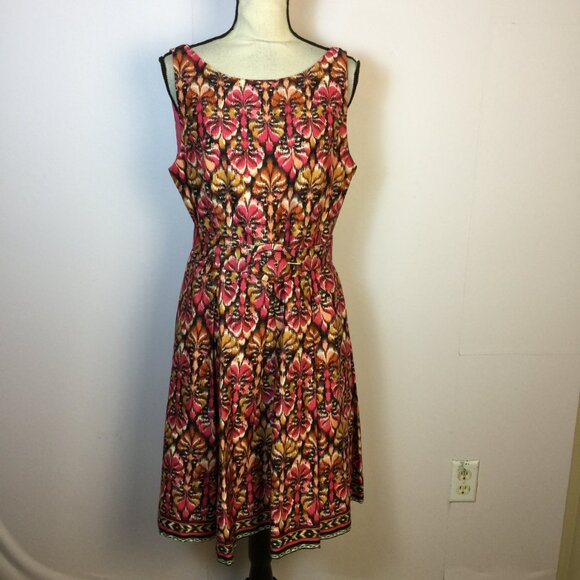 Muse Fit & Flare Dres Size 12 Woman Pink Yellow Abstract Sleeveless Belted Retro - Picture 1 of 14